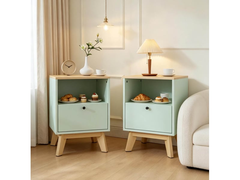  Lot de 2 tables de chevet avec niche ouverte en mdf vert clair et effet chêne  - Conforama B