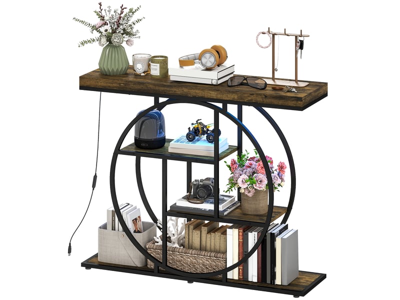  Console meuble avec éclairage led 100 cm, table console à 4 niveaux avec étagères ouvertes, marron rustique et noir  - Conforama B