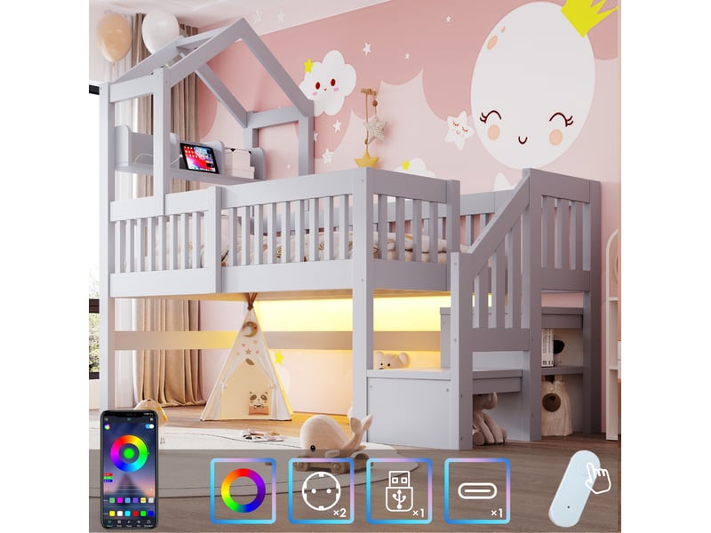  Lit mezzanine enfant 90x200 cm avec toit, rangements et éclairage, coloris gris  - Conforama E
