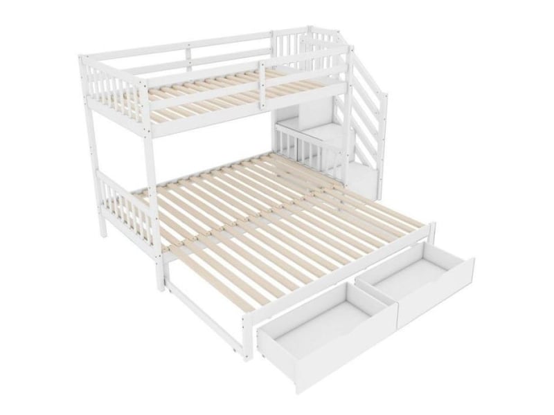  Lit superposé 3 etage 3 etage 90x200 avec lit gigogne sommier lattes marches escamotables 2 tiroirs pinède blanc (sans matelas) lits superposes  - Conforama A