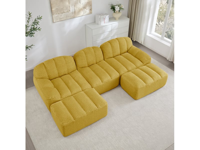  Canapé modulaire u 3 places 288x165x79 cm, granulé, polaire, d, 32, mousse haute densité, 2 poufs, tissu, jaune  - Conforama D
