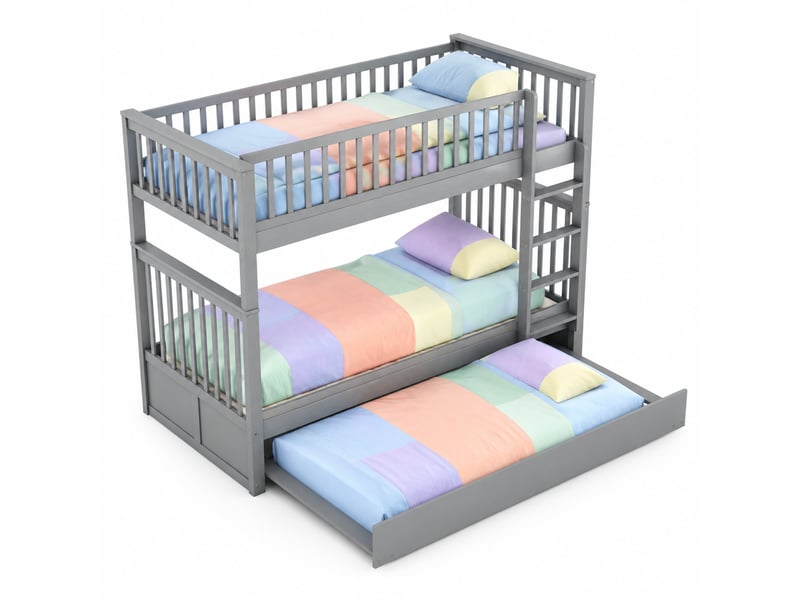  Lit superposé 90×200 cm et 90×190 cm, 3 places avec lit gigogne et escalier, sans matelas, en pin gris  - Conforama A