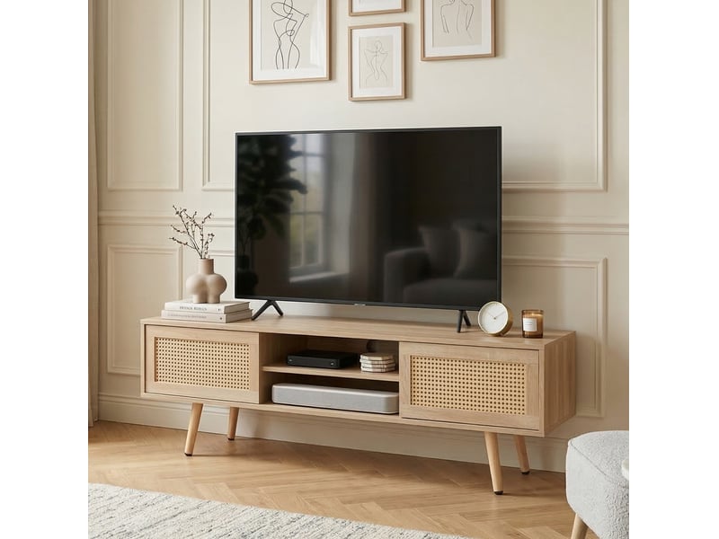  Meuble tv modenvie en mdf aspect bois naturel avec portes coulissantes en rotin 140 x 40 cm  - Conforama D