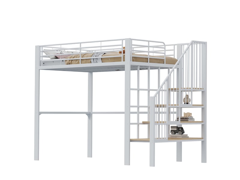 Lit mezzanine 140 x 200 cm métal robuste rangement sous-lit spacieux escalier sécurisé bois et métal blanc sans matelas - Conforama R