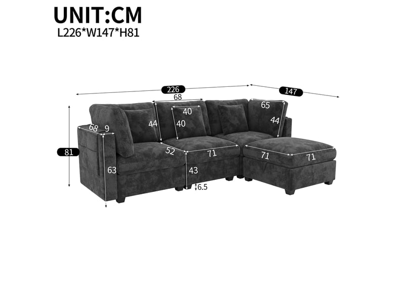 Canapé d’angle modulable avec rangement xl 4 places 226 x 147 x 81 cm canapé en l avec méridienne et pouf chenille gris - Conforama C
