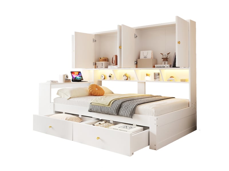  Lit enfant 90x200 cm avec bureau, rangements, 2 tiroirs, led et prises, coloris blanc, sans matelas  - Conforama A