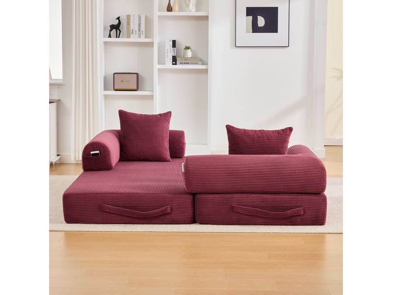 Canapé modulable 3 places modenvie en velours côtelé rouge lie-de-vin avec structure métallique, 3 coussins et poche de rangement  - Conforama D