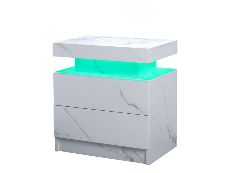  Table de chevet avec 2 tiroirs, niche ouverte et éclairage led pour chambre en bois blanc mat  - Conforama A
