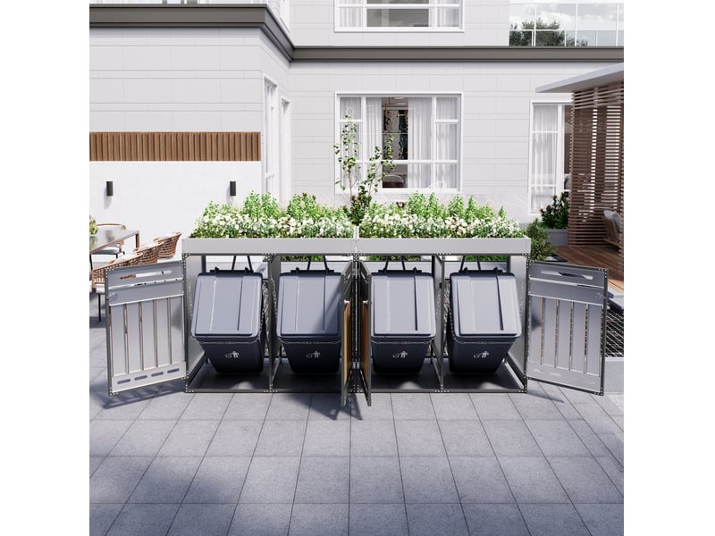  Coffre à poubelles 4 compartiments en métal noir avec jardinière intégrée et portes verrouillables, pour extérieur  - Conforama B