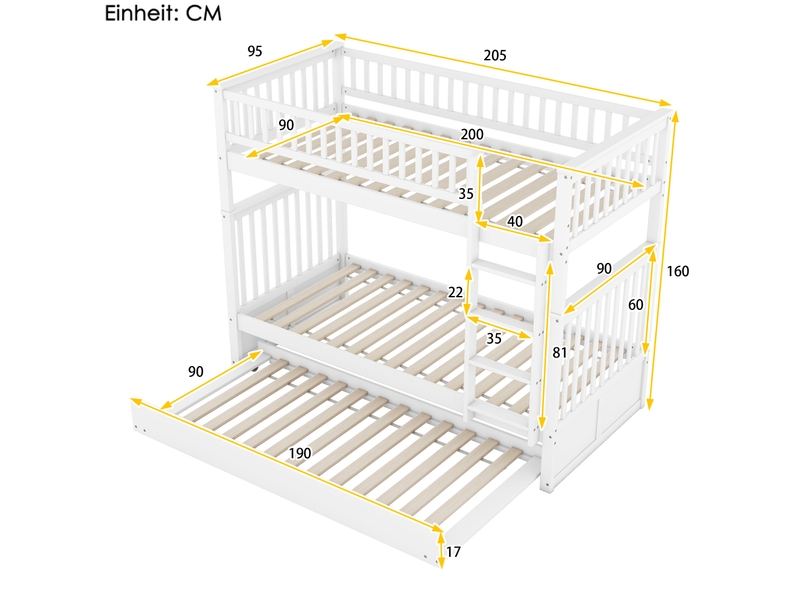Lit superposé enfant 90x200 cm avec lit gigogne et échelle, coloris blanc - Conforama C
