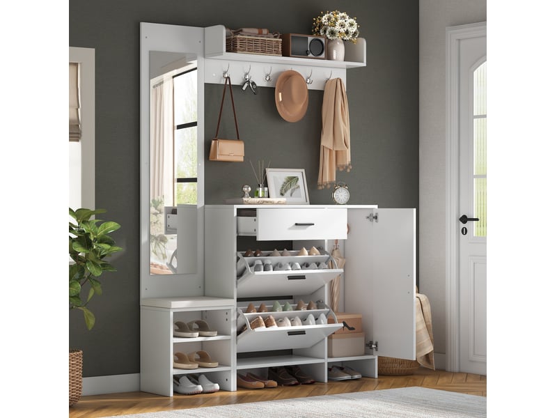  Meuble d'entrée avec banc, miroir, 6 crochets, 1 tiroir, 2 abattants et rangements, mdf blanc, 140 × 30 × 200 cm  - Conforama C