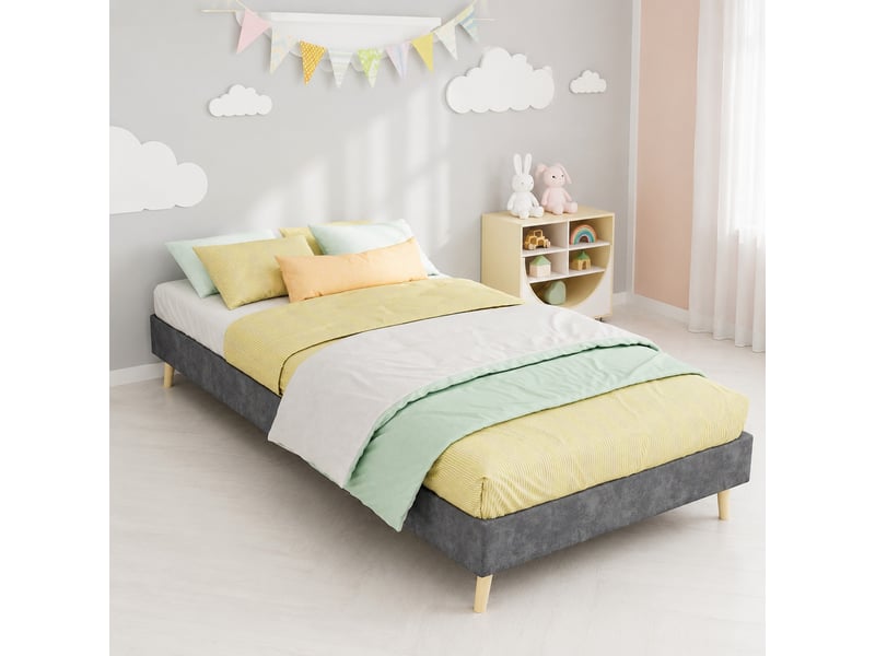  Cadre de lit 1 place 90x200 cm en velours gris, sans tête de lit  - Conforama B