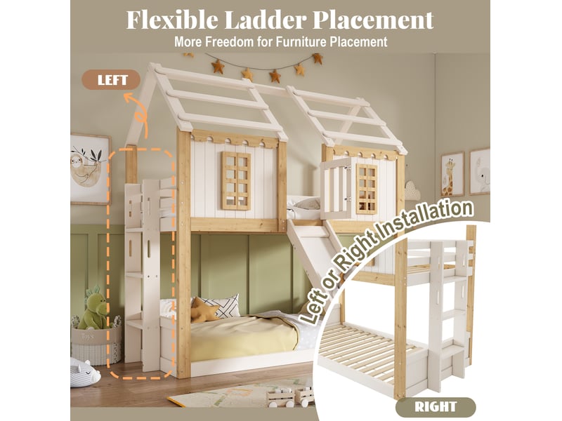  Lit superposé enfant 90x200 cm maison avec toboggan coloris blanc et bois  - Conforama B