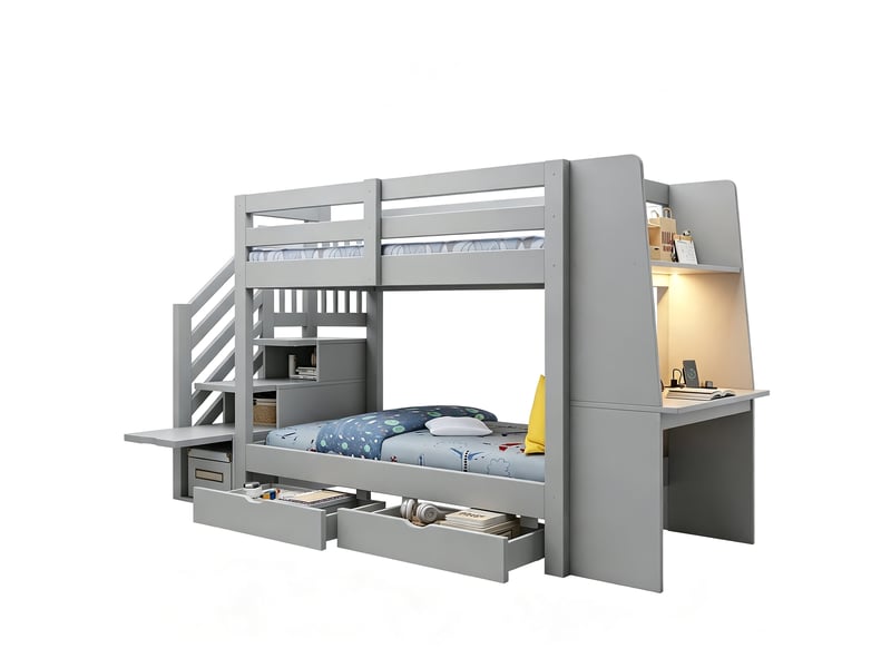 Lit superposé enfant 2 places 90x200 cm gris avec bureau, escalier de rangement, led et prise, sans matelas - Conforama A
