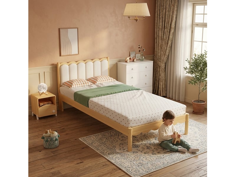  Lit enfant 90x200 cm avec tête de lit rembourrée en pu et sommier à lattes beige  - Conforama D
