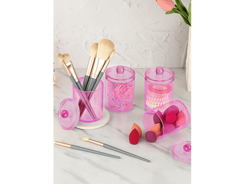  Lot de 3 pots distributeurs de cotons-tiges pour salle de bain - support en plastique rose pour cotons-tiges, disques de coton et cure-dents  - Conforama E