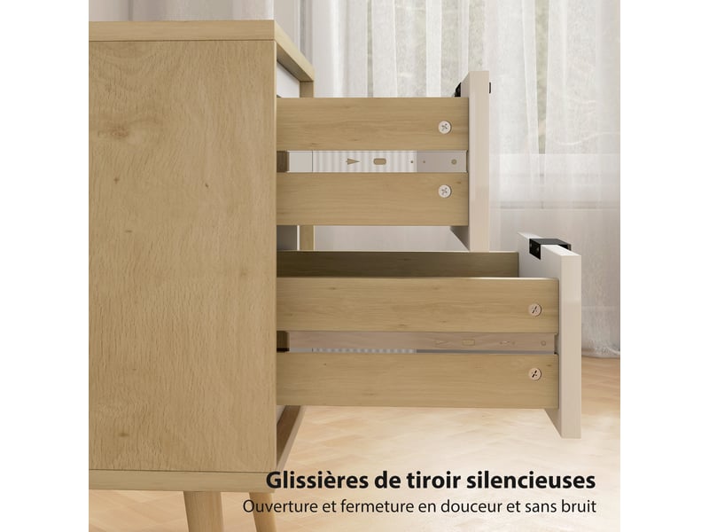 Table de chevet étroite, table d'appoint 2 tiroirs silencieux et pieds en bois massif, blanc brillant, 40 x 35 x 50 cm  - Conforama R