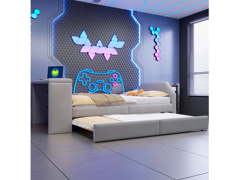  Lit enfant 90x200 cm avec bureau intégré, port usb et lit gigogne gris sans matelas  - Conforama D