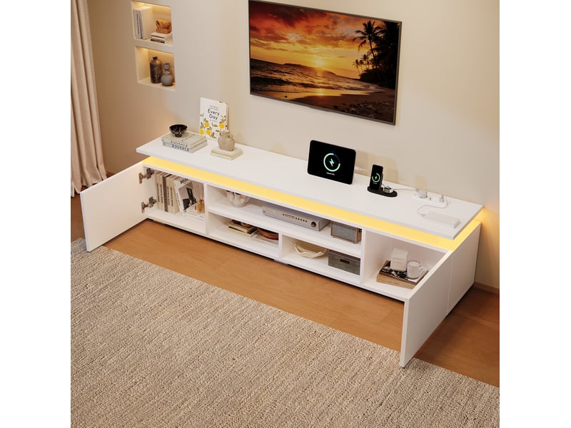  Meuble tv led 180x35x42 cm - 2 portes et niches ouvertes - mdf blanc  - Conforama B
