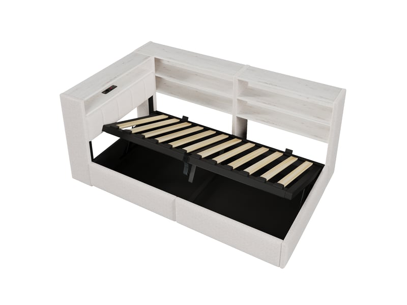  Canapé-lit 90 x 200 cm, suspension hydraulique, prise électrique, caisson latéral réversible (à gauche ou à droite) avec port usb et éclairage led, sans matelas, velours blanc.  - Conforama D