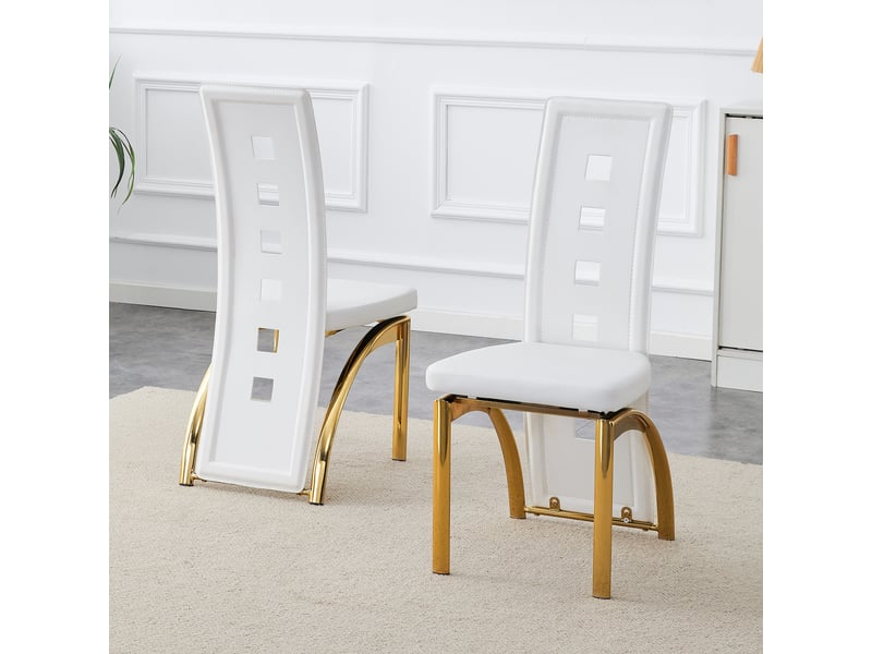  Lot de 2 - chaise de salle à manger - 41 x 49 x 102,5 cm-blanc et or - en pu mat avec motifs ajourés, haut dossier et pieds courbés en métal doré  - Conforama C