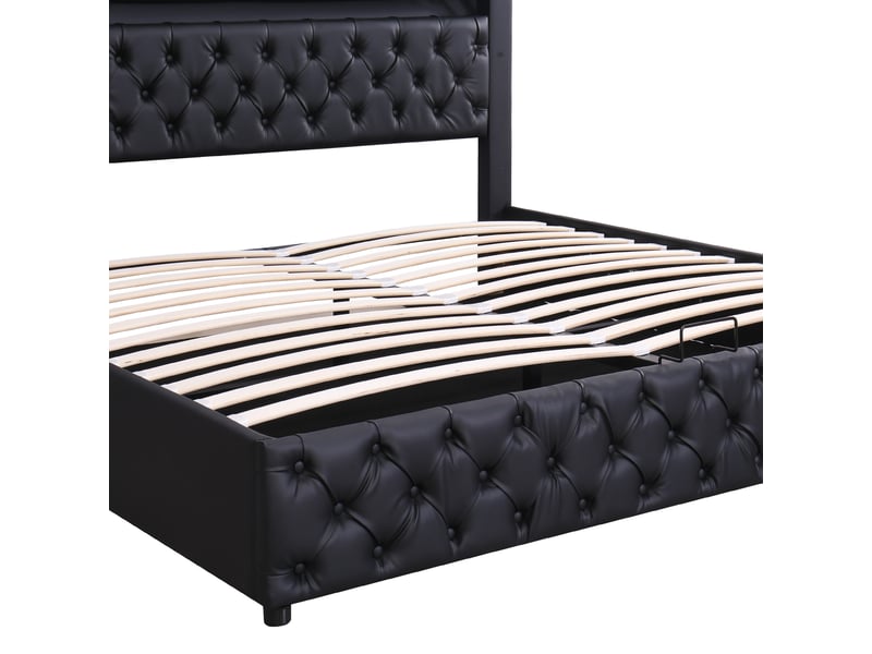 Lit coffre double 140x200 cm avec tissu en fond et rangement, led, sommier à lattes, moderne, pu noir, sans mateals - Conforama R