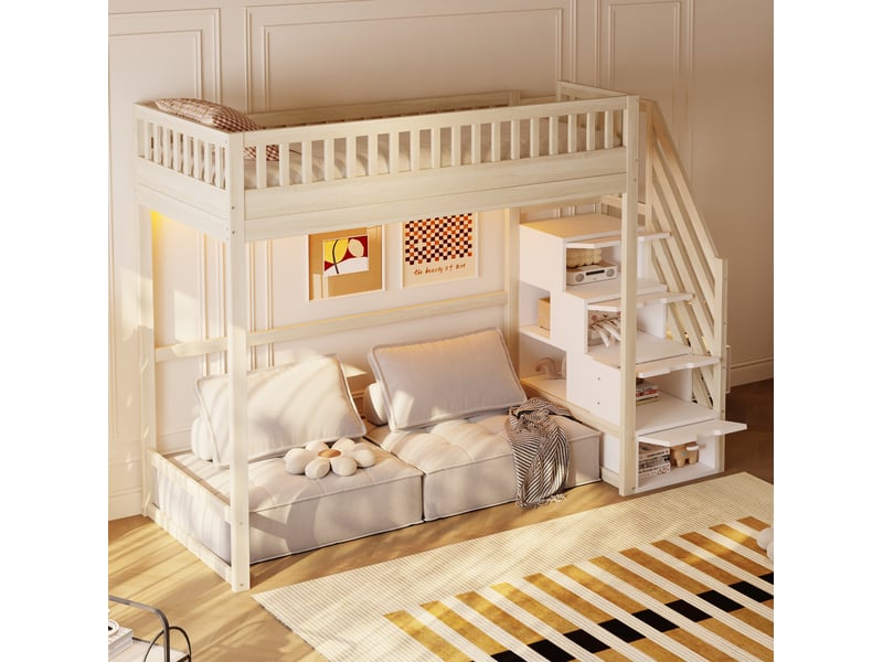  Lit mezzanine 90×200 cm avec rangements, led et échelle réversible, bois, coloris bois naturel, sans matelas  - Conforama B