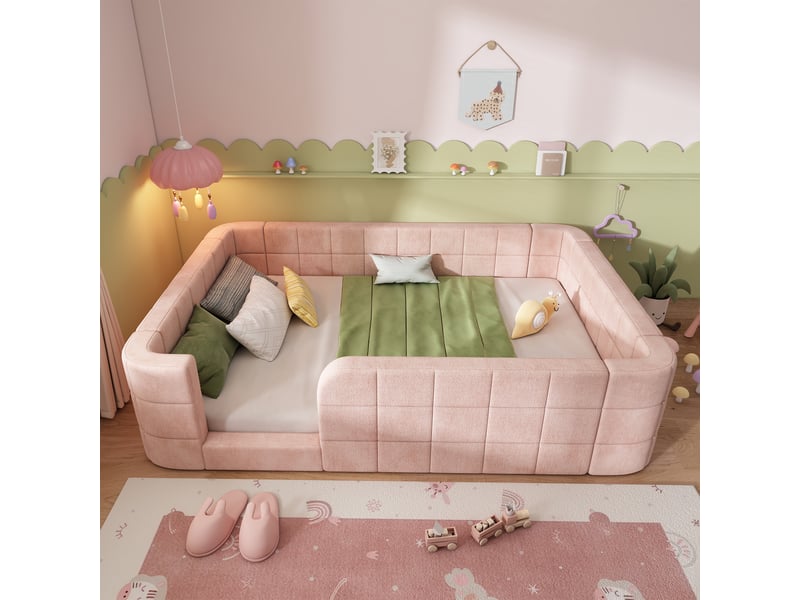 Lit enfant rembourré au sol 140x190 cm, capitonné en chenille, avec contour rembourré et entrée, avec sommier à lattes inclus, sans matelas, rose Luxe haut de gamme - Conforama B