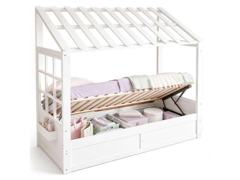  Lit cabane enfant modenvie 90 x 200 cm avec toit, fenêtre, coffre hydraulique et rangements latéraux, blanc  - Conforama A