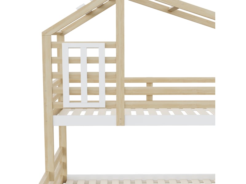  Lit superposé cabane 90 × 200 cm, forme maison, barrières latérales, escalier, naturel  - Conforama E
