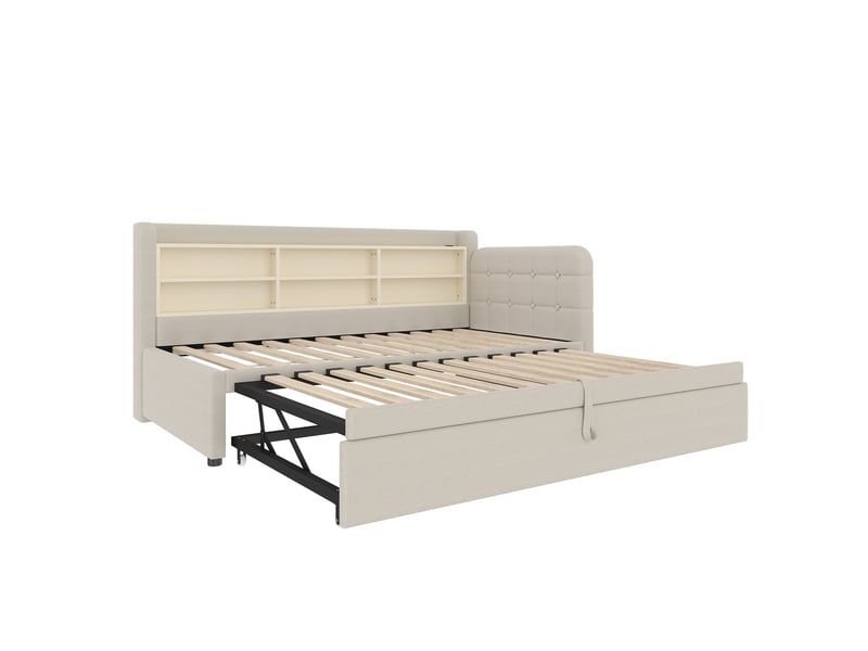  Lit gigogne 90x200 cm (180x200 cm) multifonction, tête de lit à boutons cousus main, lin et mdf, beige, sans matelas  - Conforama D