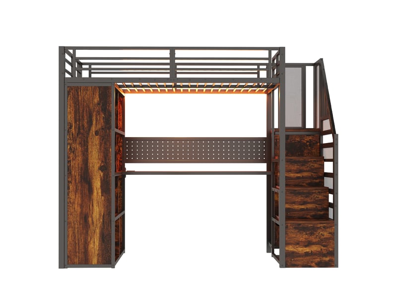 Lit mezzanine lit enfant simple 90x200 cm avec escalier rangement, bureau, penderie, avec led, métal, noir sans matelas - Conforama R