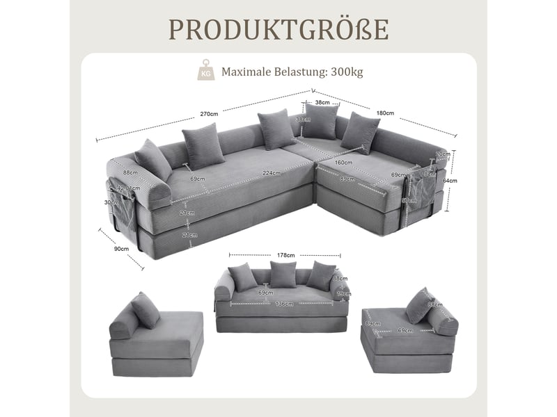  Canapé d'angle droit convertible 4 places tissu gris canapé d'angle gris - Conforama C