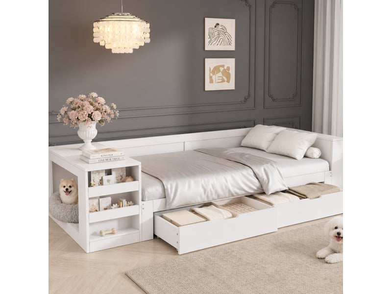  Lit simple 90x200 cm avec rangement, blanc, sans matelas  - Conforama W