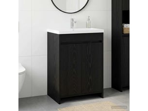 Meuble sous lavabo de salle de bain, commode chêne noir shl579