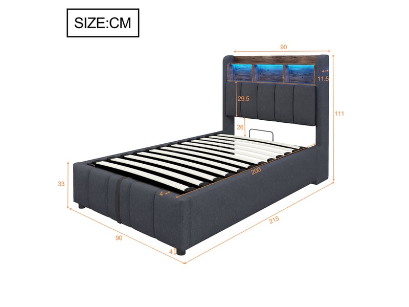 Lit coffre rembourré tcqpz 90 x 200 cm led multicolore usb usb-c avec matelas à ressorts gris - Conforama C