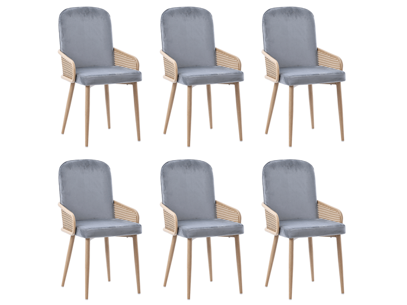 Lot de 6 chaises salle à manger 45x43x90 cm rotin naturel, velours, pieds métal effet bois, capacité 150 kg, gris  - Conforama A