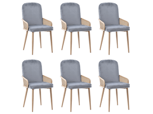 Lot de 6 chaises salle à manger 45x43x90 cm rotin naturel, velours, pieds métal effet bois, capacité 150 kg, gris