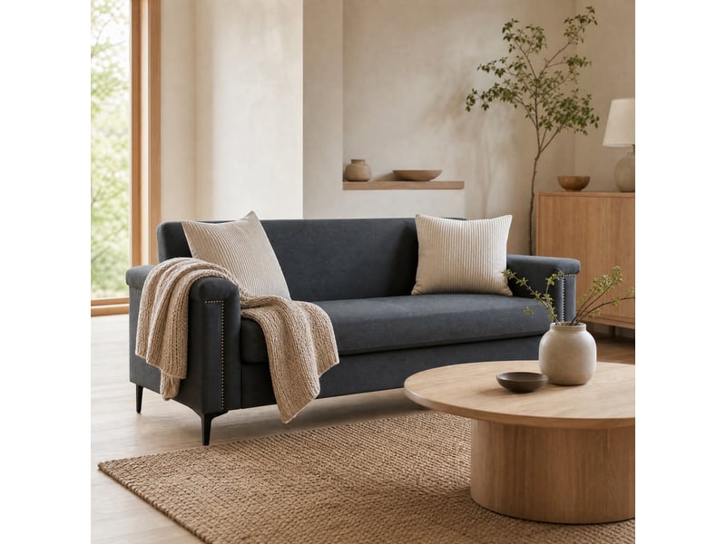  Canapé droit 2 places compact  - accoudoirs larges, pieds métal, polyester gris foncé 172×72×82 cm  - Conforama C