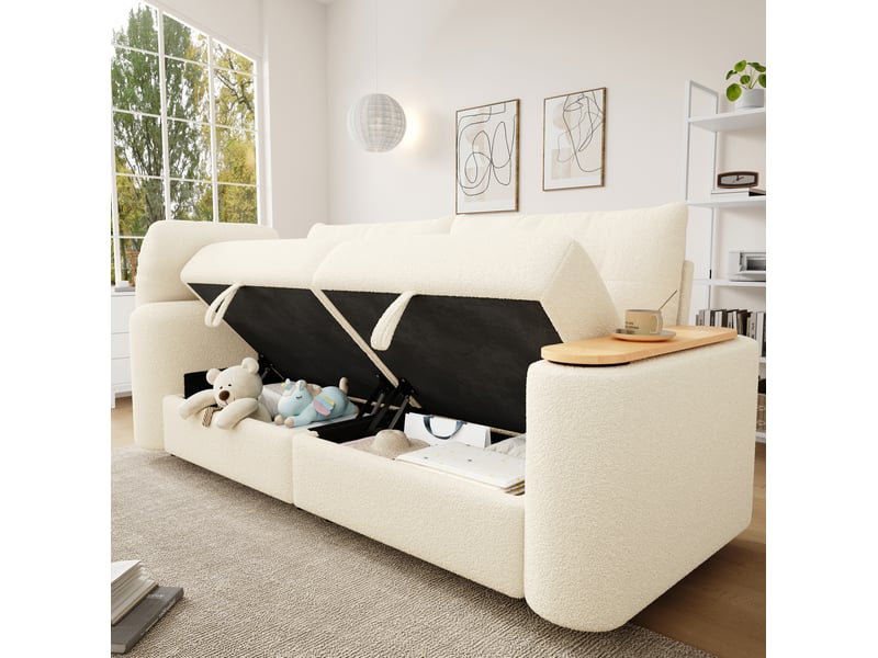 Canapé modulaire 2 places en tissu teddy beige avec rangement et table d'appoint intégrée - Conforama C