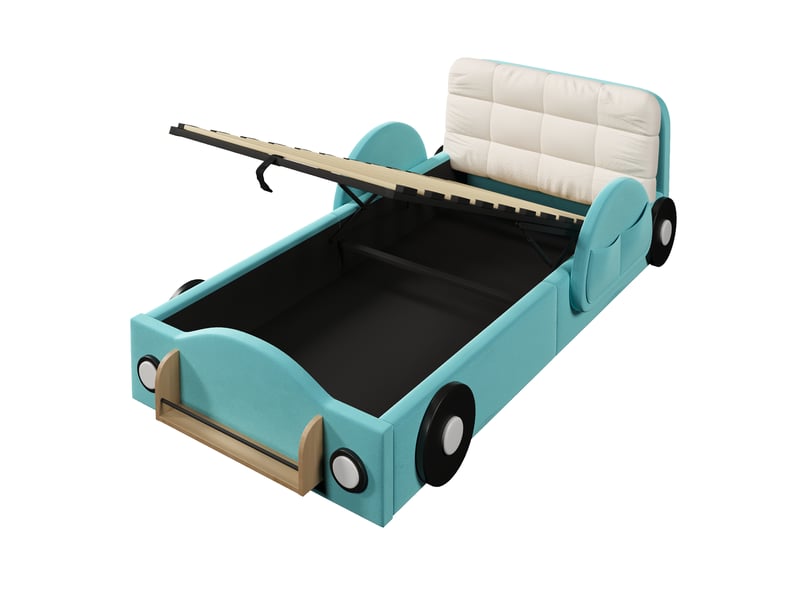  Lit coffre 90x200 cm en velours pour enfant et adolescent avec relevage hydraulique, poches, étagère et grand coussin  - Conforama E
