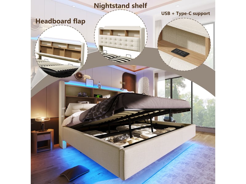 Lit coffre 180×200 cm double avec led, usb, type-c et rangements en lin et mdf beige sans matelas  - Conforama C