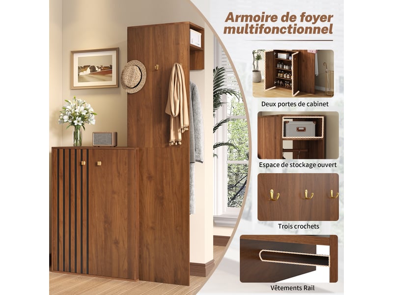  Meuble d'entrée multifonction avec penderie et range-chaussures, portes à stripes verticales, design moderne avec crochets et étagères  - Conforama B