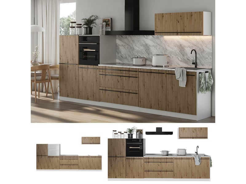  Vicco cuisine, chêne artisanblanc, 340cm plan de travail chêne doré  - Conforama D