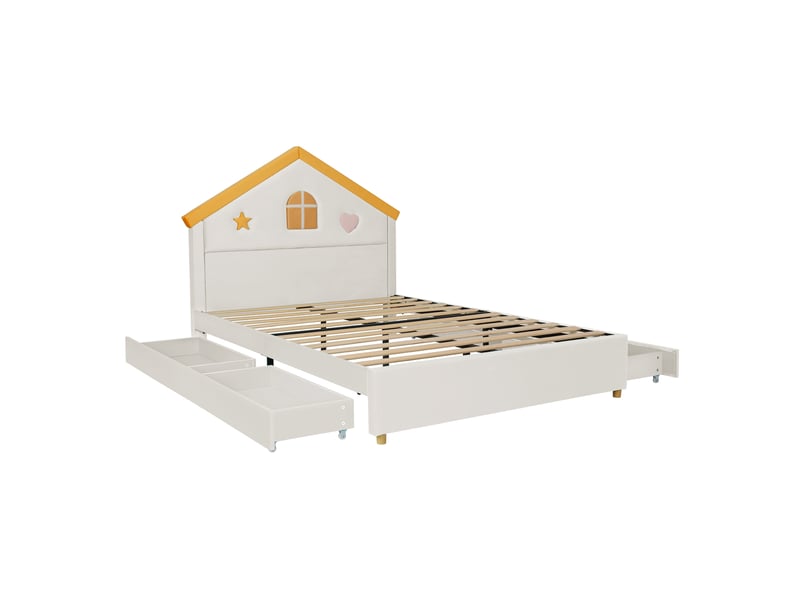 Lit cabane enfant rembourré 140×200 cm avec 4 tiroirs, velours beige - Conforama E