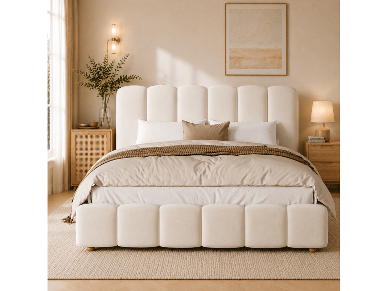  Lit double coffre hydraulique 140x190 cm en velours beige avec sommier  - Conforama D