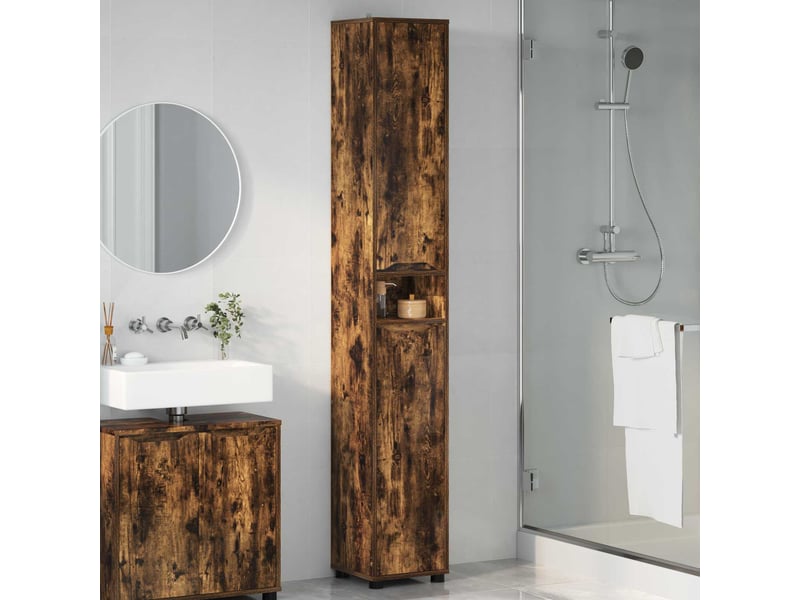 Cabinet de salle de bain, meuble de rangement chêne fumé 30.5x30x195 cm - Conforama D