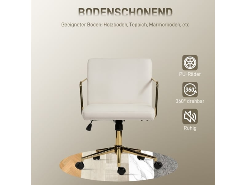Chaise de bureau à roulettes, base métal doré, tissu aspect velours, crème, confortable - Conforama D