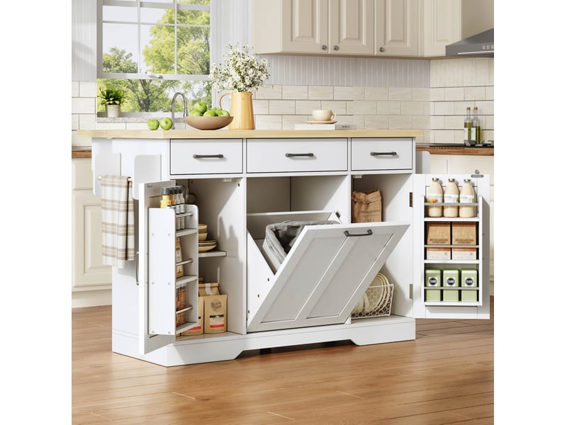 Îlot de cuisine mobile 120x70x87 cm avec plateau rabattable en mdf, blanc et naturel - Conforama B