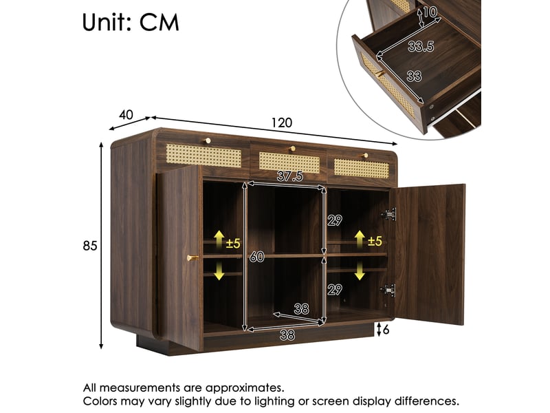 Buffet 120x40x85 cm, 3 tiroirs, 2 placards et étagère ouverte, mdf et panneaux de particules noyer - Conforama E